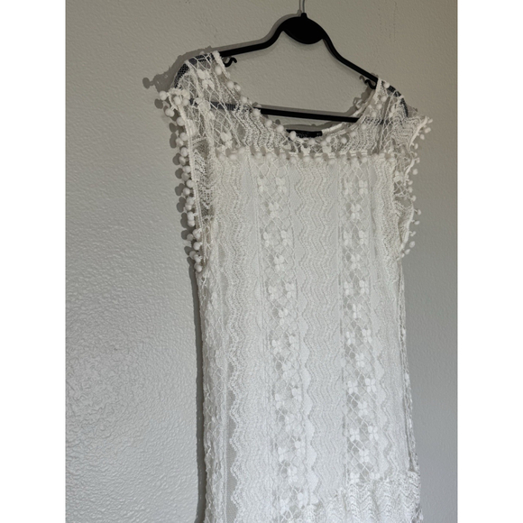 Zanzea Cream Lace Boho Shift Dress Pom Trim Sleeveless Women’s Size 12 Festival - Picture 4 of 11